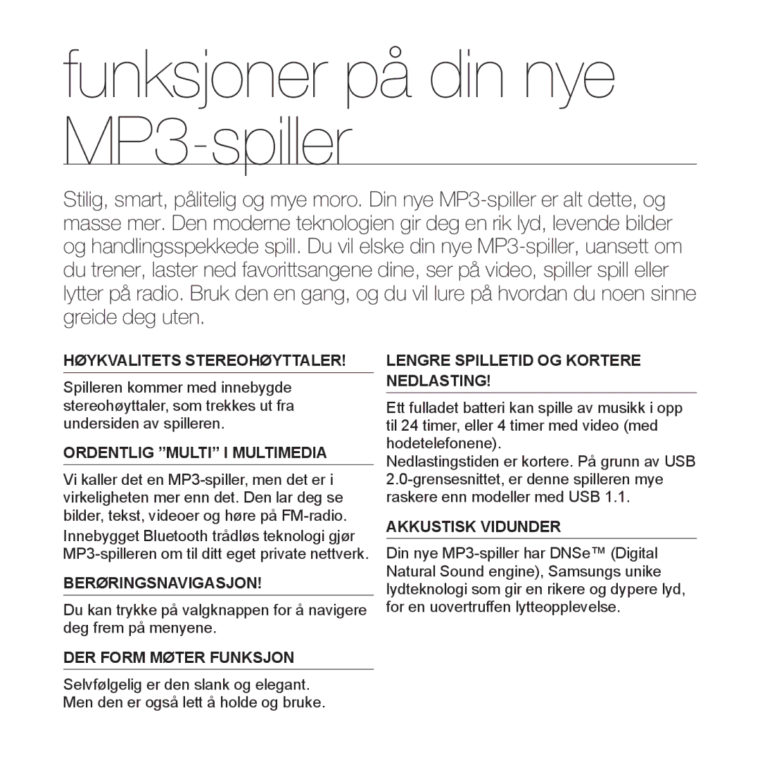 Samsung YP-S5JAB/XEE manual Funksjoner på din nye MP3-spiller, Høykvalitets Stereohøyttaler 