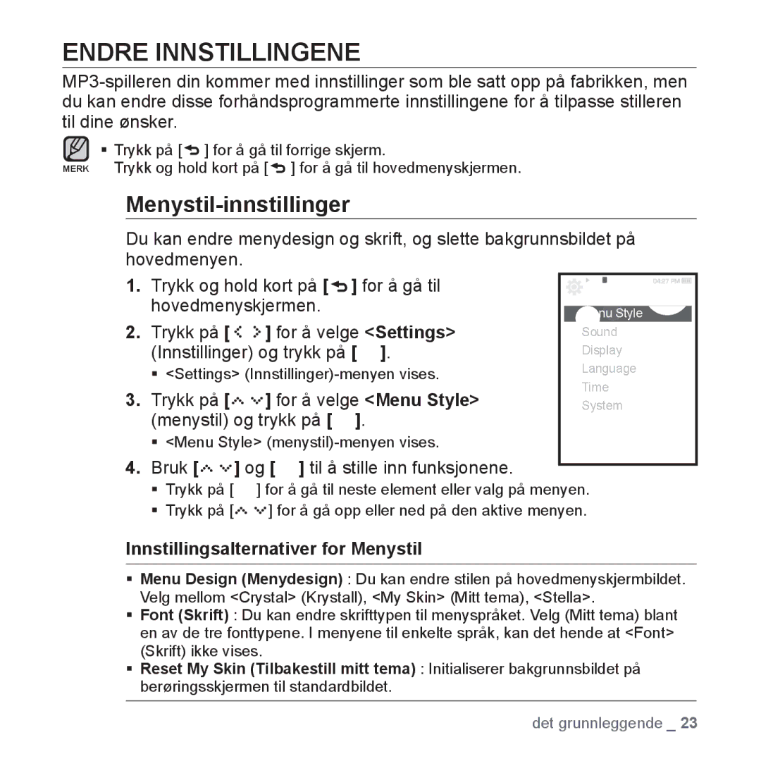 Samsung YP-S5JAB/XEE manual Endre Innstillingene, Menystil-innstillinger 