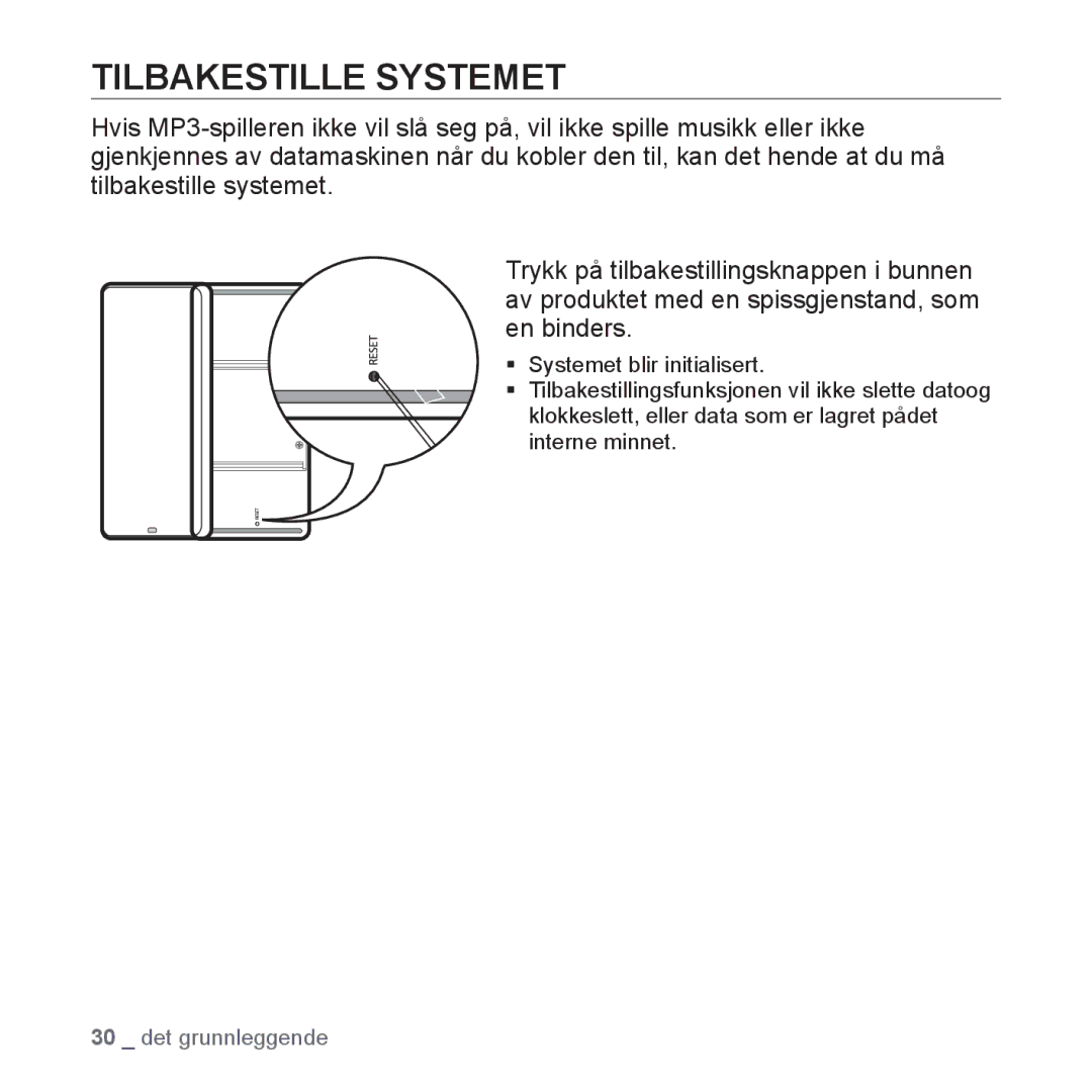 Samsung YP-S5JAB/XEE manual Tilbakestille Systemet 