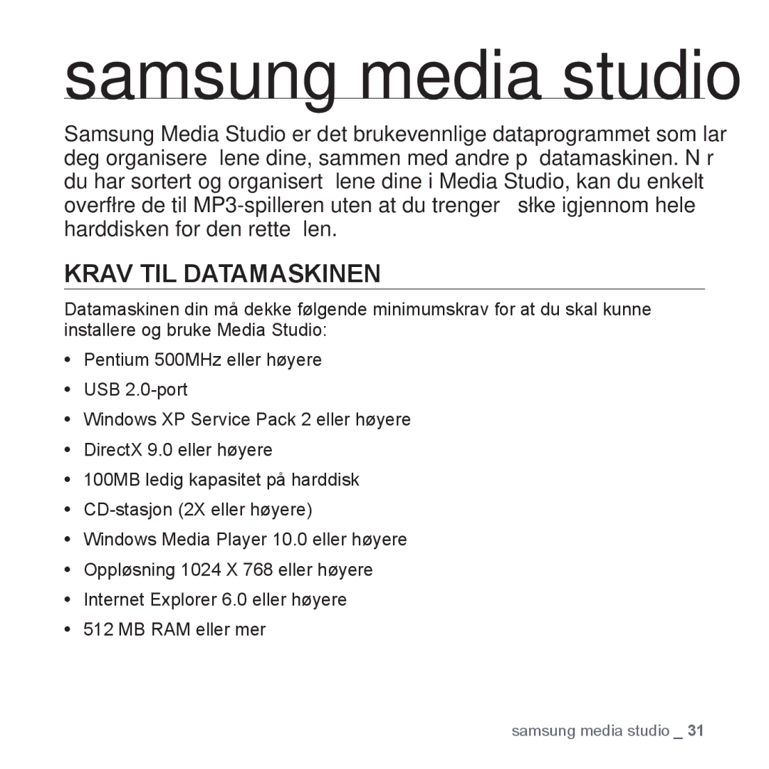 Samsung YP-S5JAB/XEE manual Samsung media studio, Krav TIL Datamaskinen 