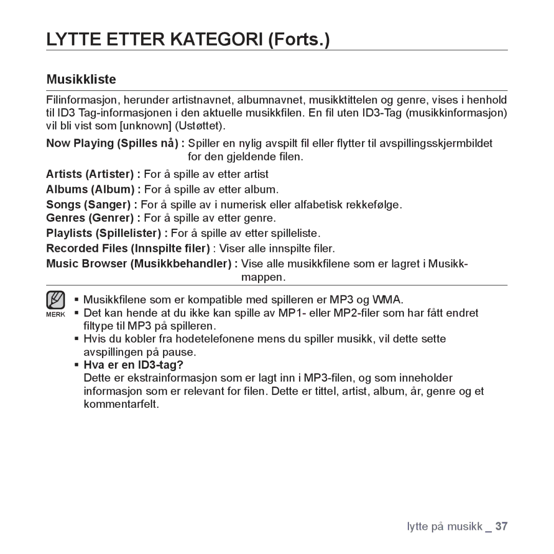 Samsung YP-S5JAB/XEE manual Lytte Etter Kategori Forts, Musikkliste 