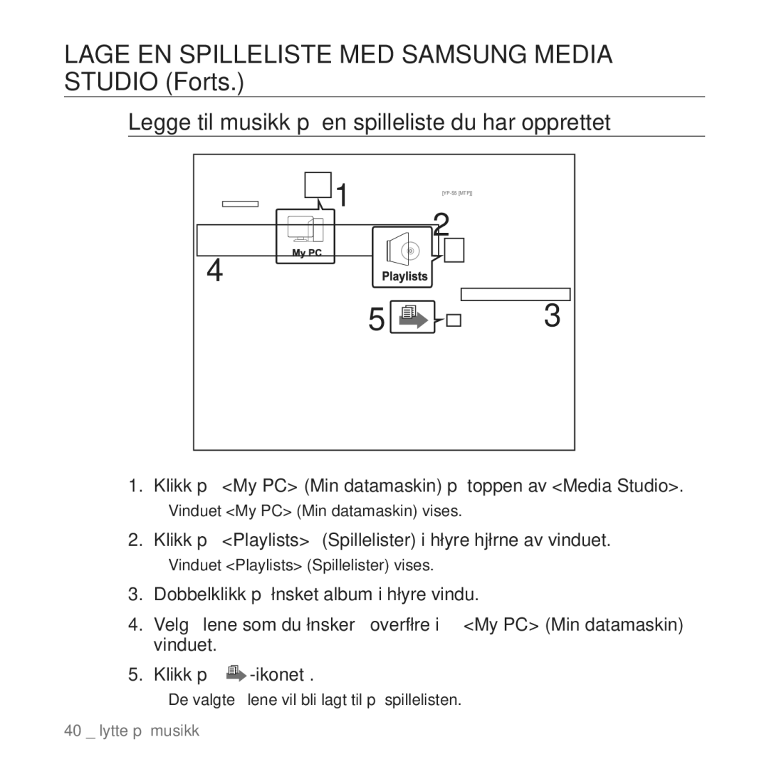 Samsung YP-S5JAB/XEE manual Lage EN Spilleliste MED Samsung Media Studio Forts 