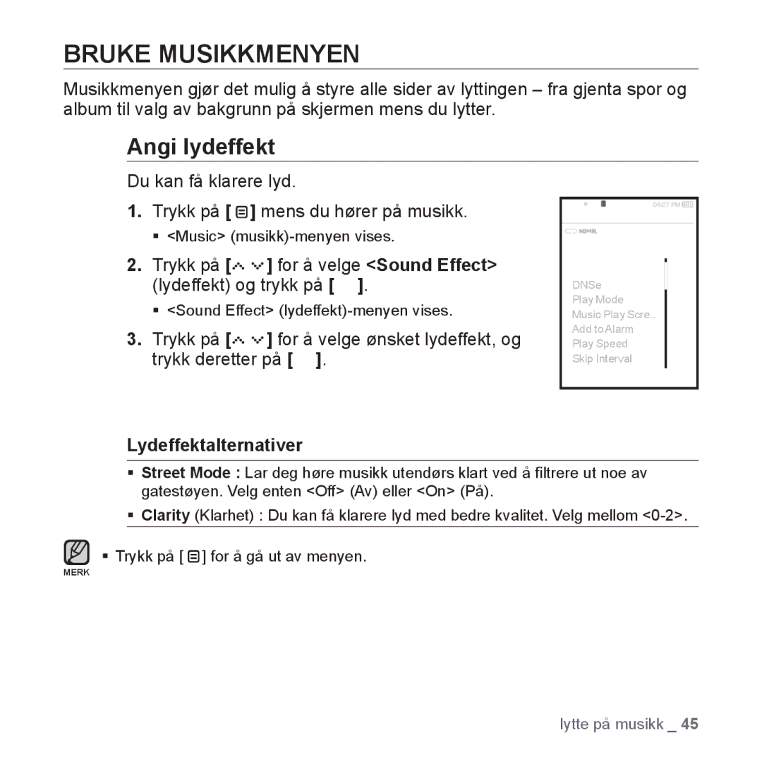 Samsung YP-S5JAB/XEE manual Bruke Musikkmenyen, Angi lydeffekt, Lydeffektalternativer 