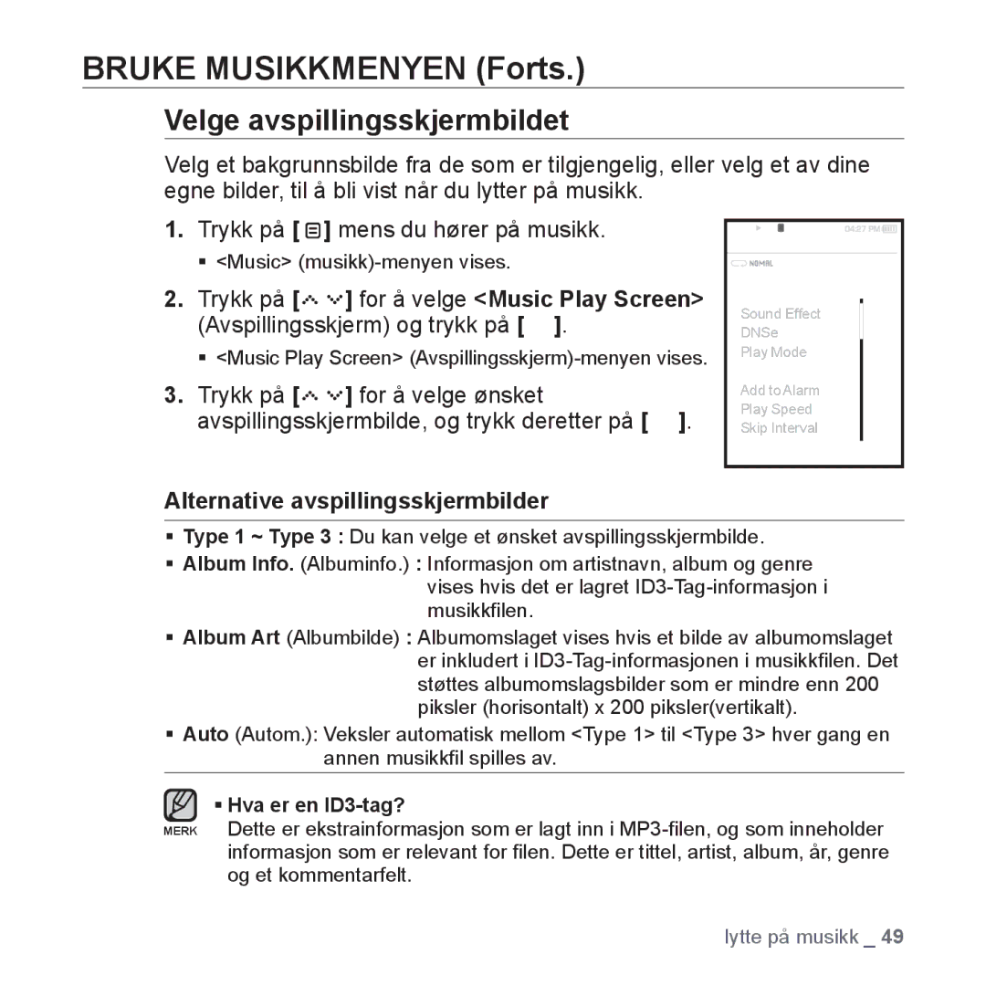 Samsung YP-S5JAB/XEE manual Velge avspillingsskjermbildet, Alternative avspillingsskjermbilder 