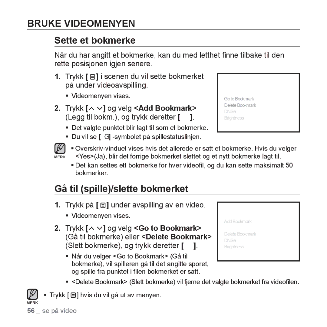 Samsung YP-S5JAB/XEE manual Trykk Og velg Add Bookmark, Legg til bokm., og trykk deretter 