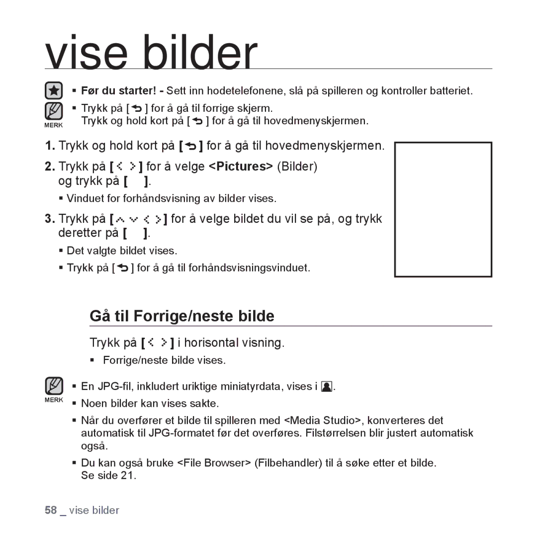 Samsung YP-S5JAB/XEE manual Vise bilder, Gå til Forrige/neste bilde, Trykk på i horisontal visning 