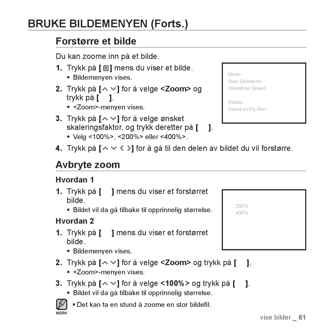 Samsung YP-S5JAB/XEE manual Forstørre et bilde, Avbryte zoom 