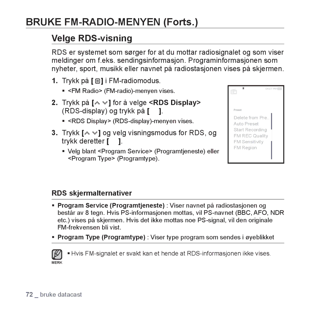 Samsung YP-S5JAB/XEE Velge RDS-visning, Trykk på for å velge RDS Display RDS-display og trykk på, RDS skjermalternativer 