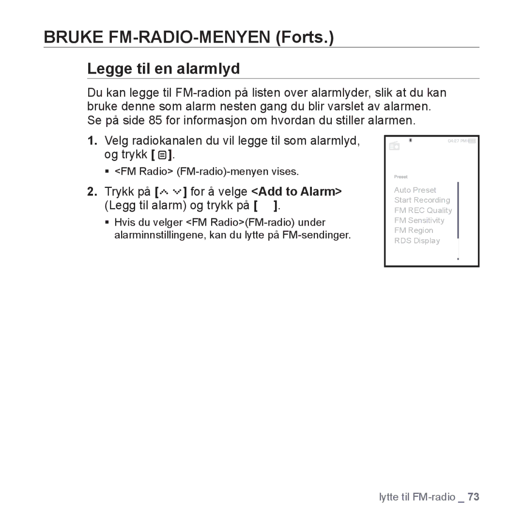 Samsung YP-S5JAB/XEE manual Trykk på for å velge Add to Alarm Legg til alarm og trykk på 