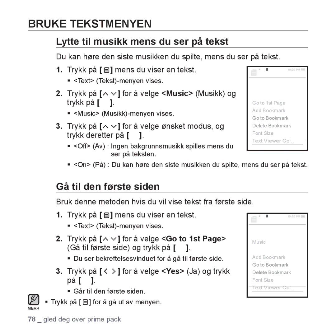 Samsung YP-S5JAB/XEE manual Bruke Tekstmenyen, Lytte til musikk mens du ser på tekst, Gå til den første siden 