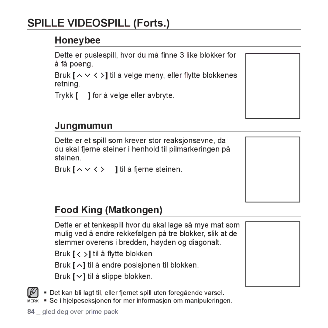 Samsung YP-S5JAB/XEE manual Spille Videospill Forts, Honeybee, Jungmumun, Food King Matkongen 