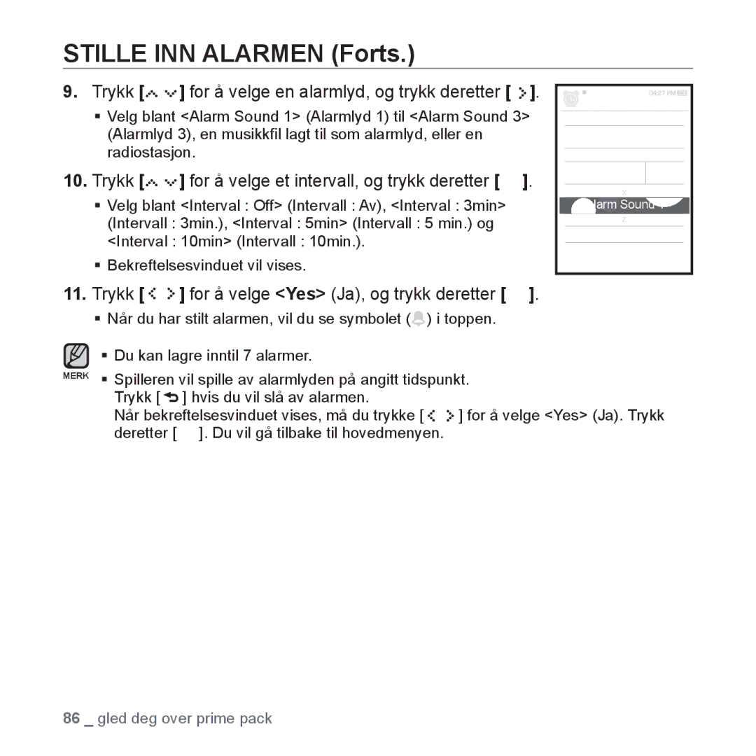 Samsung YP-S5JAB/XEE manual Stille INN Alarmen Forts, Trykk for å velge et intervall, og trykk deretter 