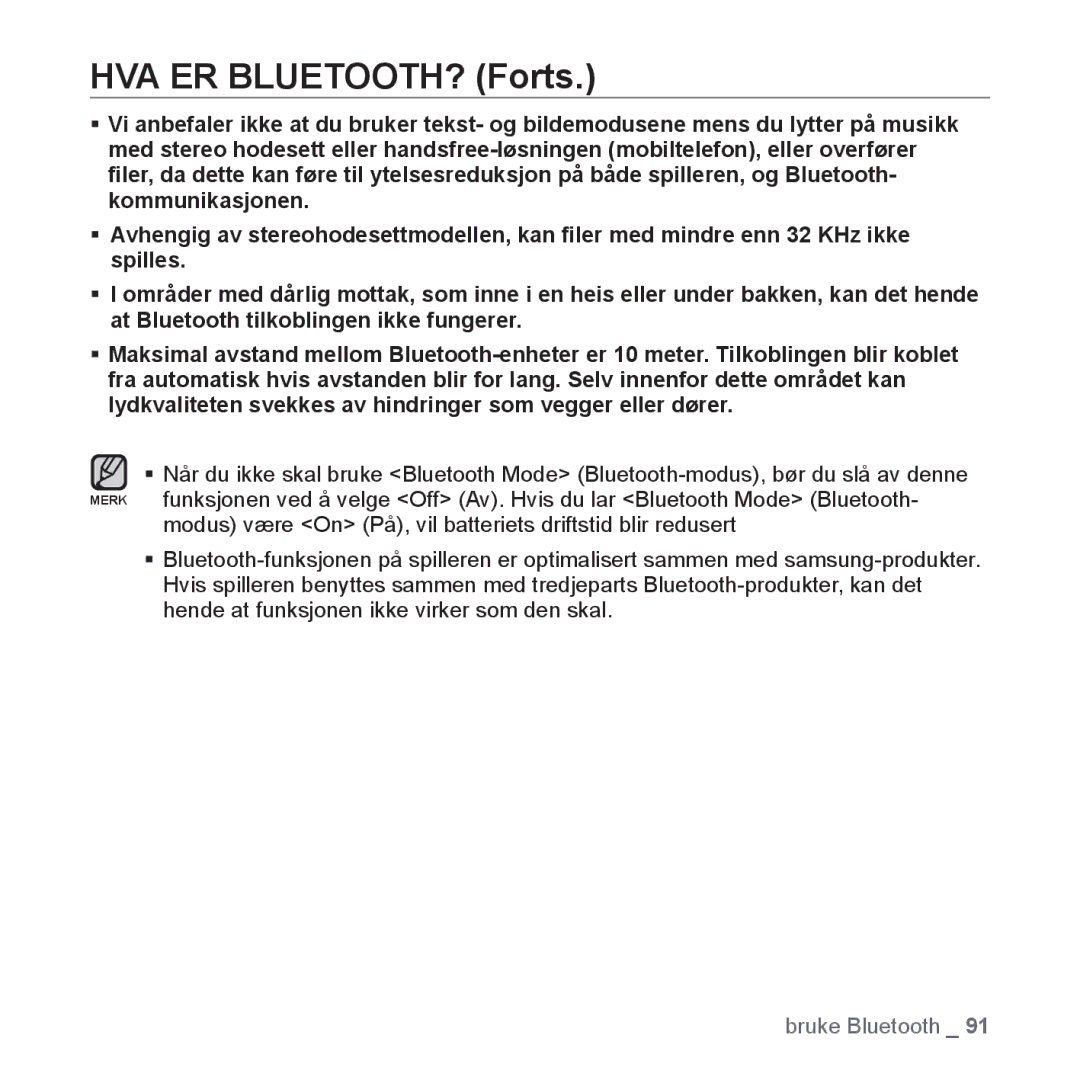 Samsung YP-S5JAB/XEE manual HVA ER BLUETOOTH? Forts 