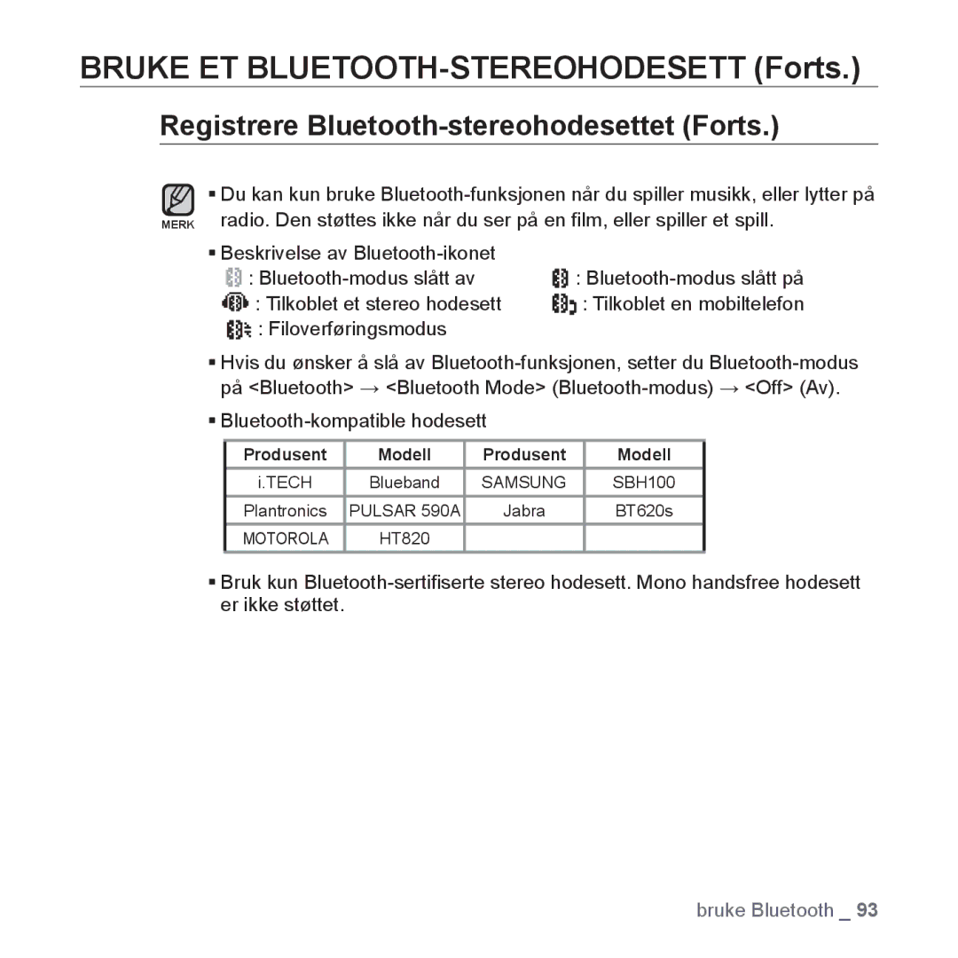 Samsung YP-S5JAB/XEE manual Bruke ET BLUETOOTH-STEREOHODESETT Forts, Registrere Bluetooth-stereohodesettet Forts 