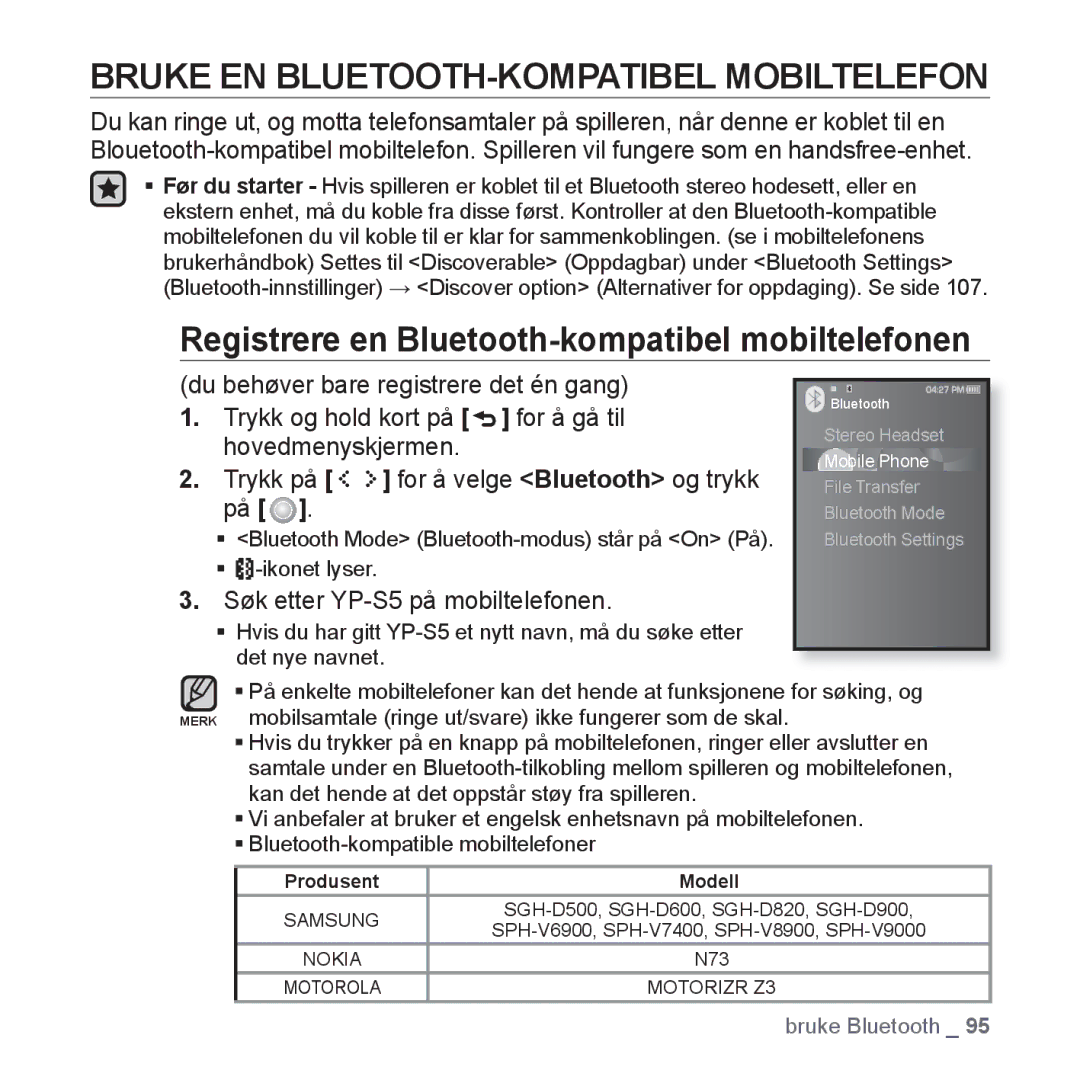 Samsung YP-S5JAB/XEE manual Bruke EN BLUETOOTH-KOMPATIBEL Mobiltelefon, Registrere en Bluetooth-kompatibel mobiltelefonen 