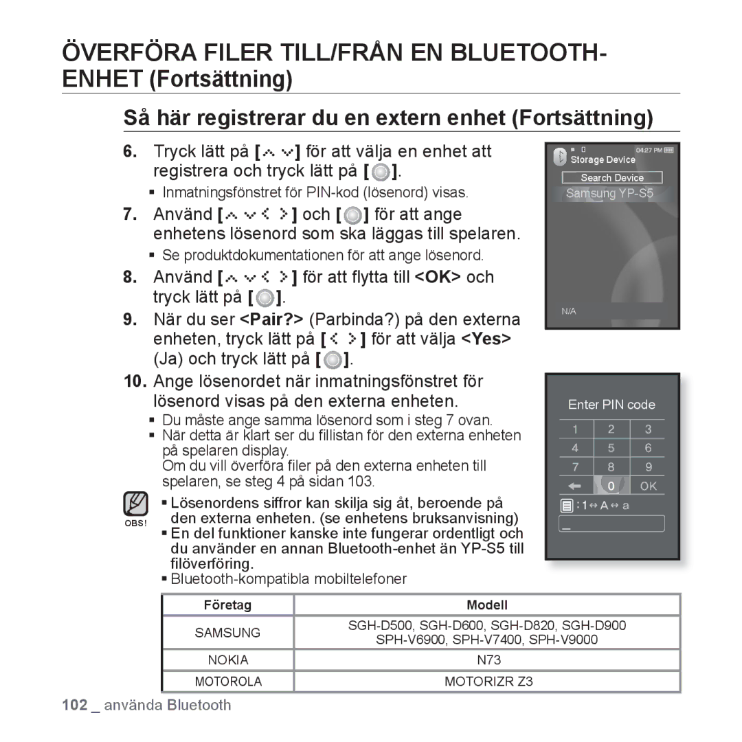 Samsung YP-S5JAB/XEE manual Överföra Filer TILL/FRÅN EN BLUETOOTH- Enhet Fortsättning 