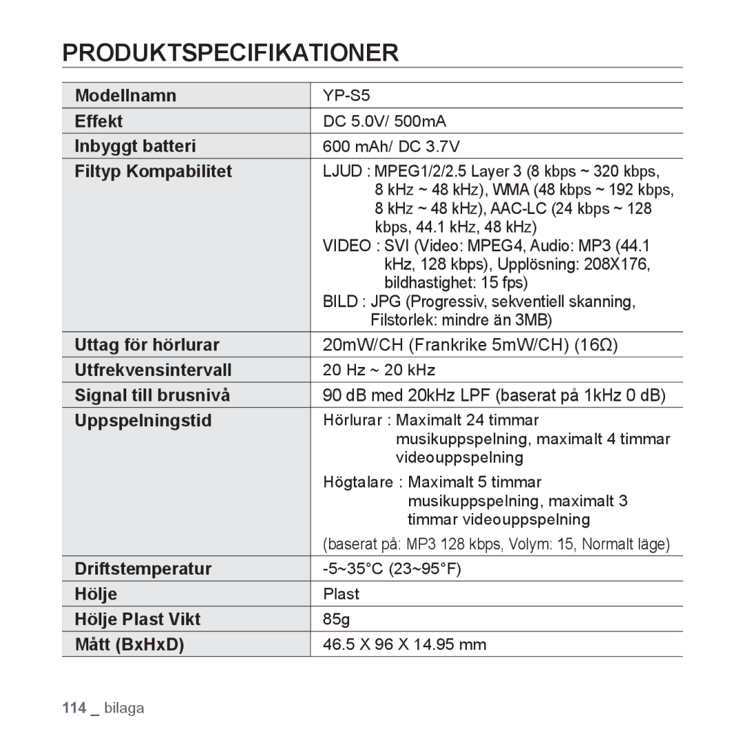 Samsung YP-S5JAB/XEE manual Produktspecifikationer 