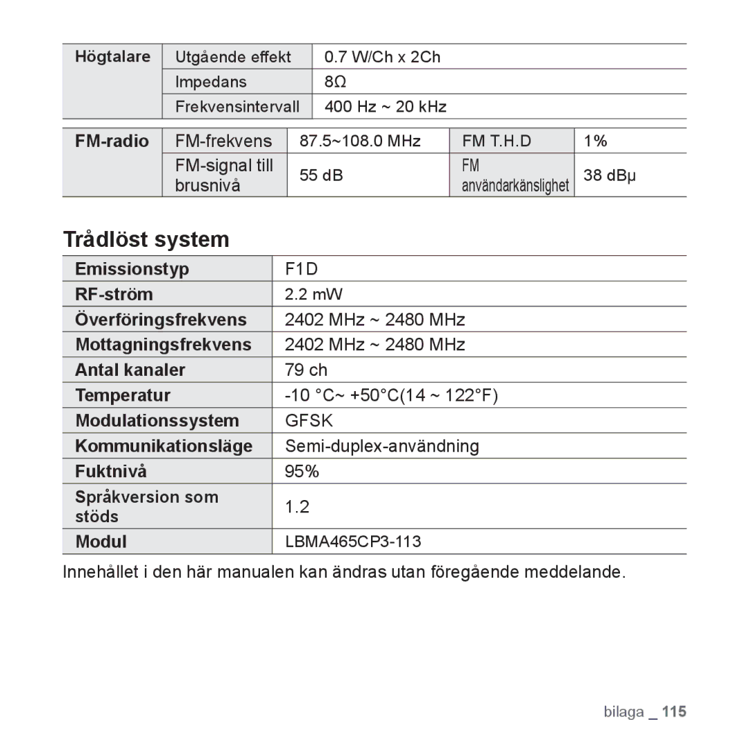 Samsung YP-S5JAB/XEE manual Trådlöst system, FM-radio, Emissionstyp 