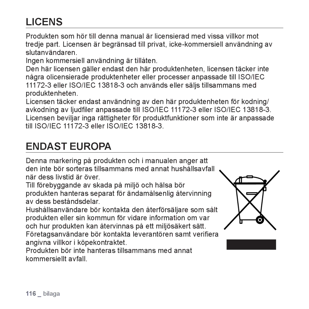 Samsung YP-S5JAB/XEE manual Licens, Endast Europa 