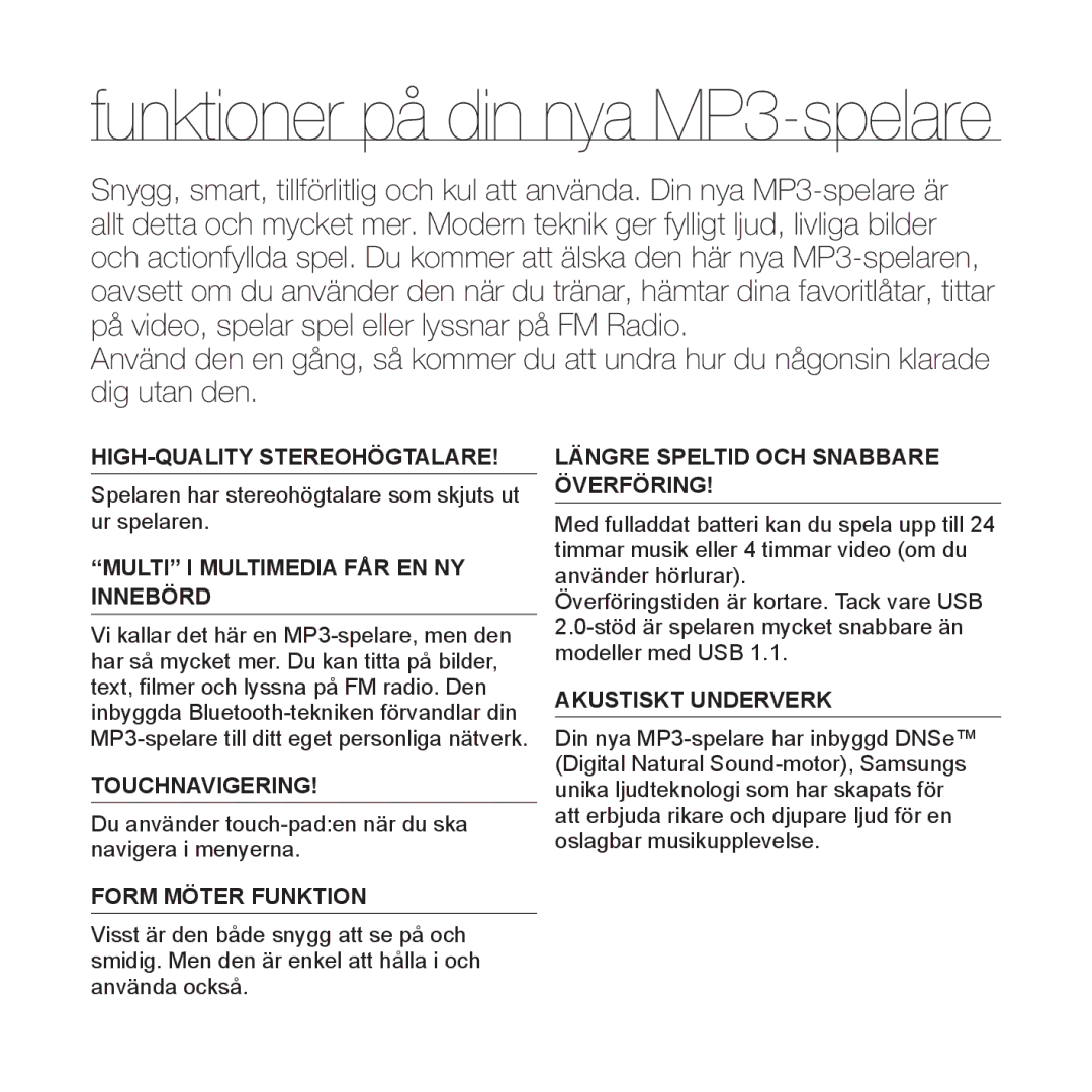 Samsung YP-S5JAB/XEE manual Funktioner på din nya MP3-spelare 