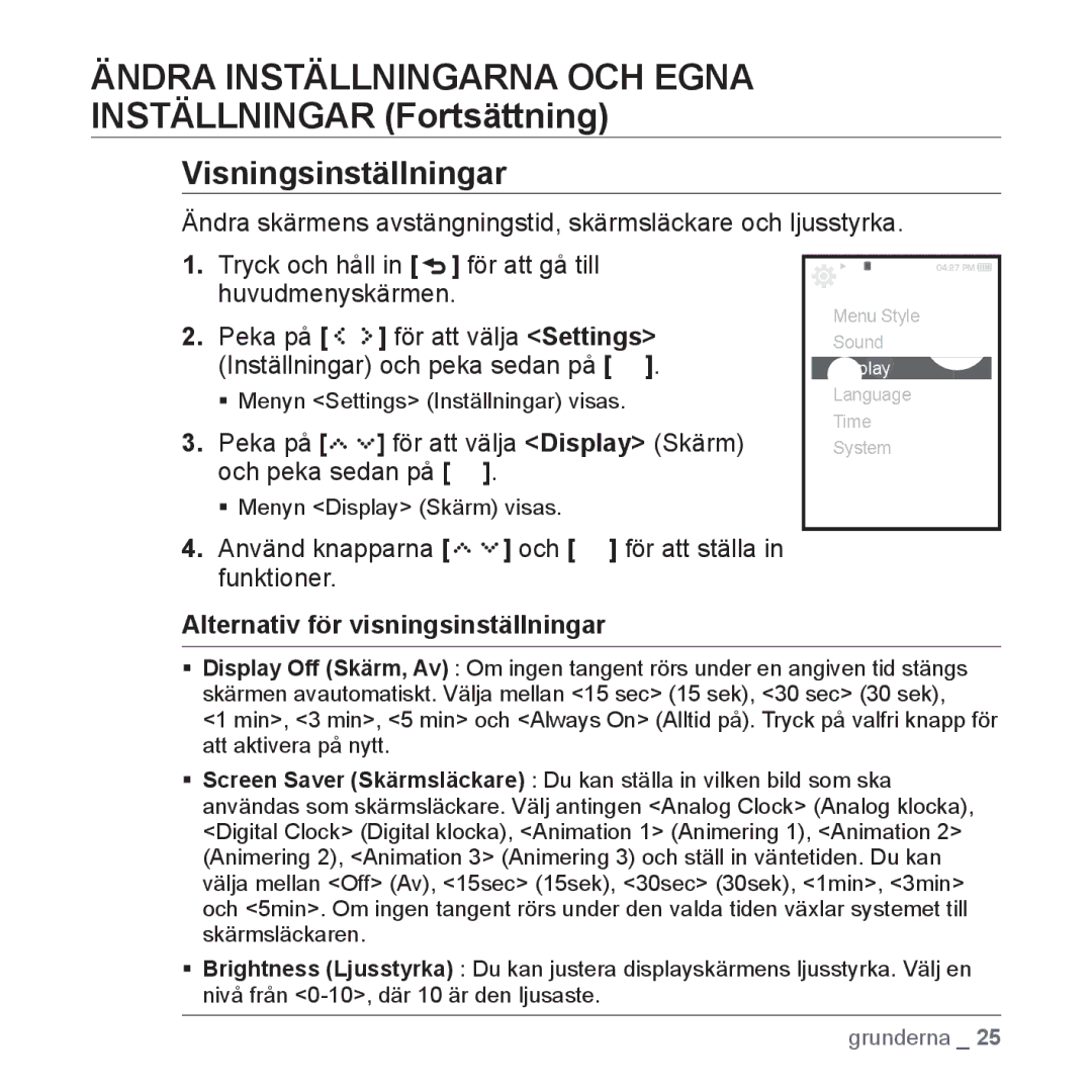 Samsung YP-S5JAB/XEE manual Ändra Inställningarna OCH Egna Inställningar Fortsättning, Visningsinställningar 