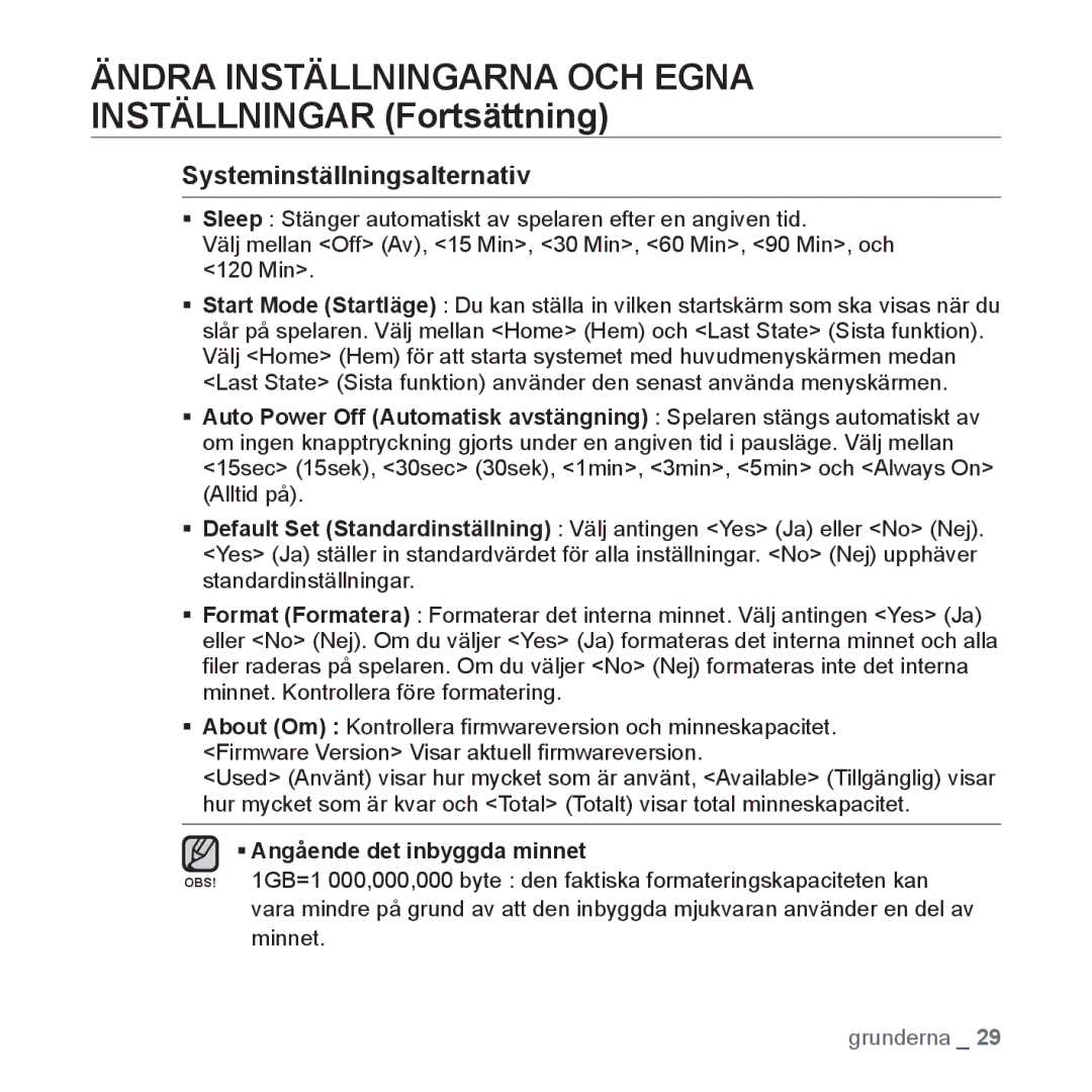 Samsung YP-S5JAB/XEE manual Systeminställningsalternativ, ƒ Angående det inbyggda minnet 