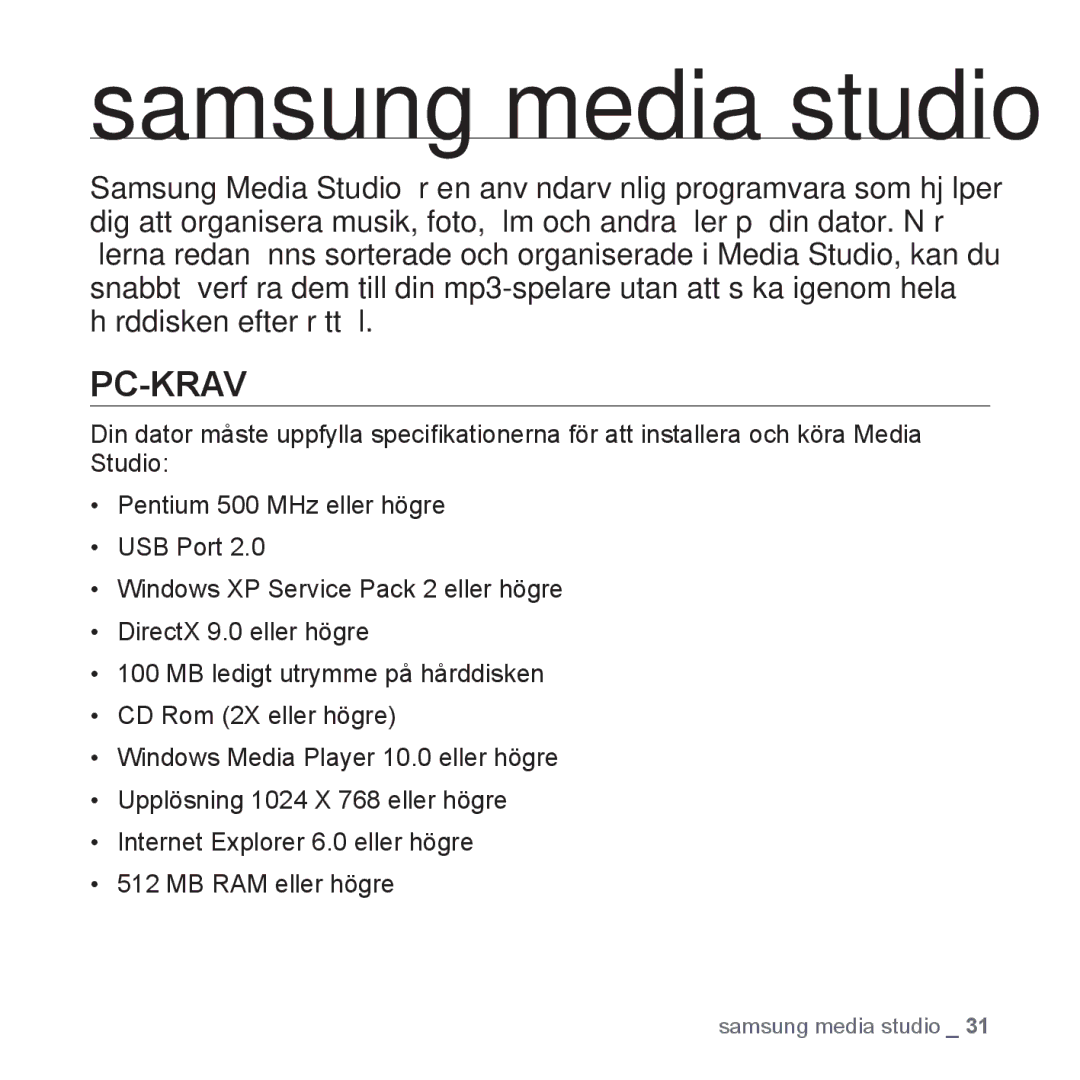 Samsung YP-S5JAB/XEE manual Samsung media studio, Pc-Krav 