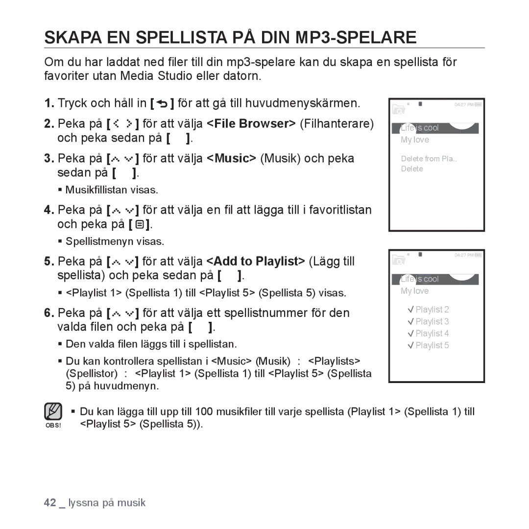 Samsung YP-S5JAB/XEE manual Skapa EN Spellista PÅ DIN MP3-SPELARE 