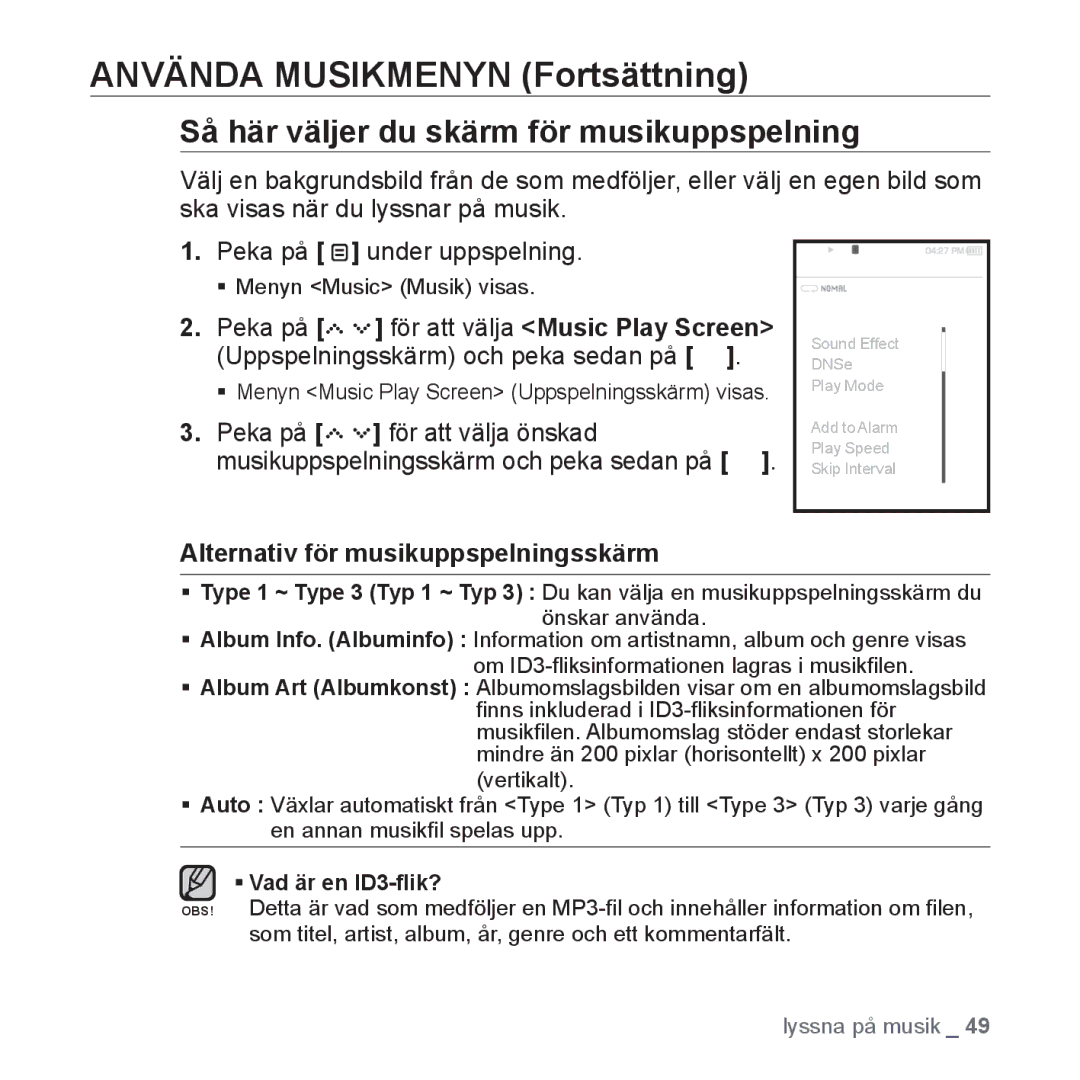 Samsung YP-S5JAB/XEE manual Så här väljer du skärm för musikuppspelning, Alternativ för musikuppspelningsskärm 