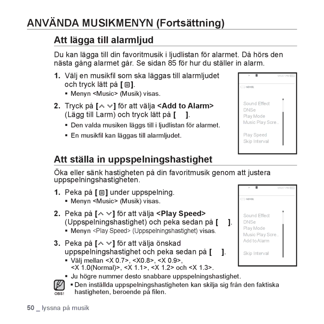 Samsung YP-S5JAB/XEE manual Att lägga till alarmljud, Att ställa in uppspelningshastighet 