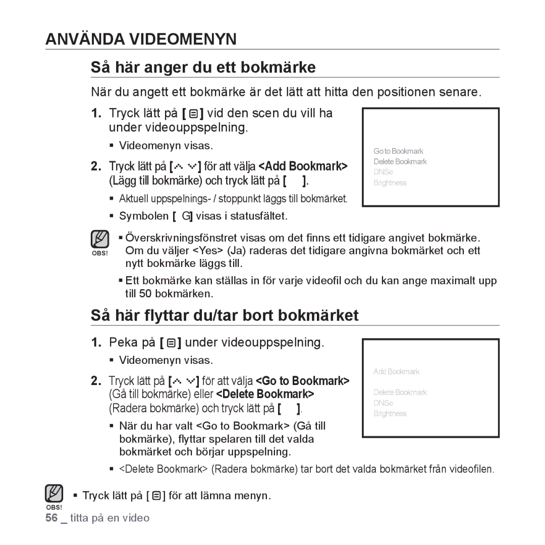 Samsung YP-S5JAB/XEE manual Tryck lätt på, Lägg till bokmärke och tryck lätt på 