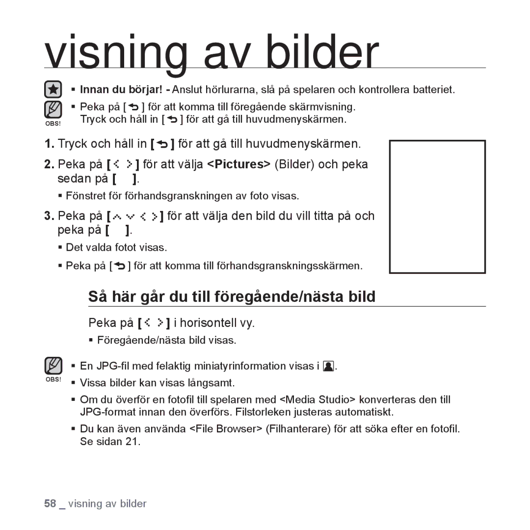 Samsung YP-S5JAB/XEE manual Visning av bilder, Så här går du till föregående/nästa bild, Peka på i horisontell vy 