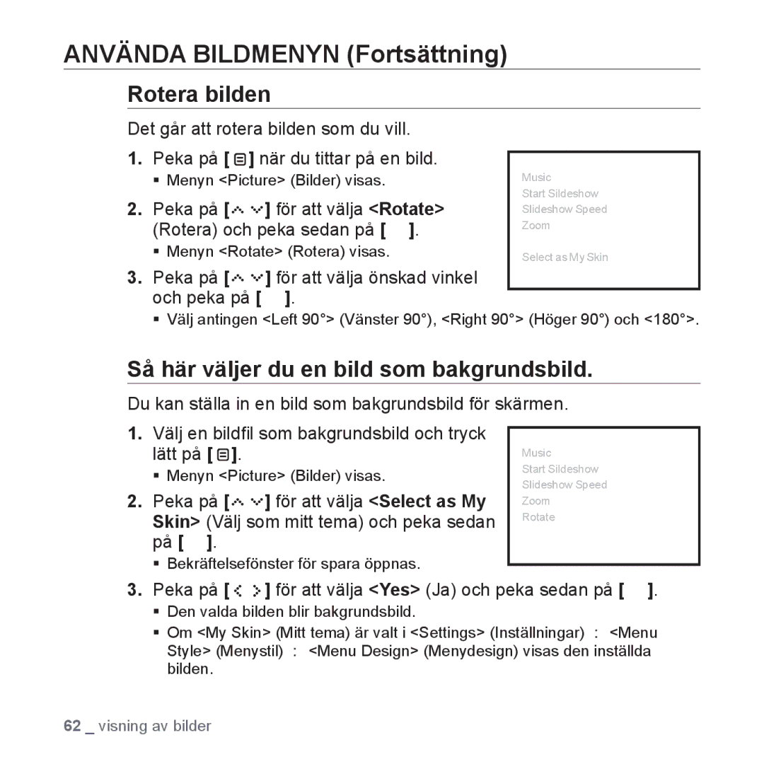 Samsung YP-S5JAB/XEE manual Rotera bilden, Så här väljer du en bild som bakgrundsbild 