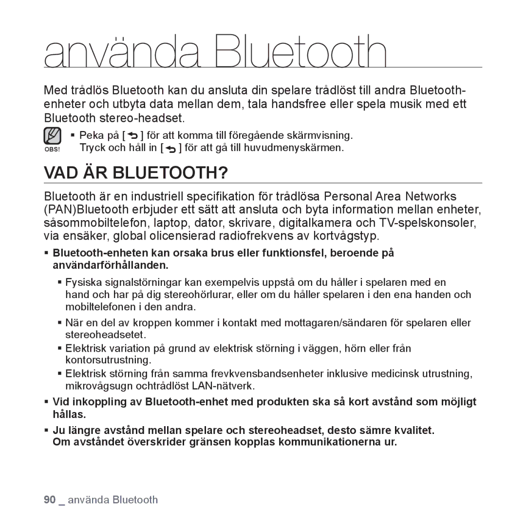 Samsung YP-S5JAB/XEE manual Använda Bluetooth, Vad Är Bluetooth? 