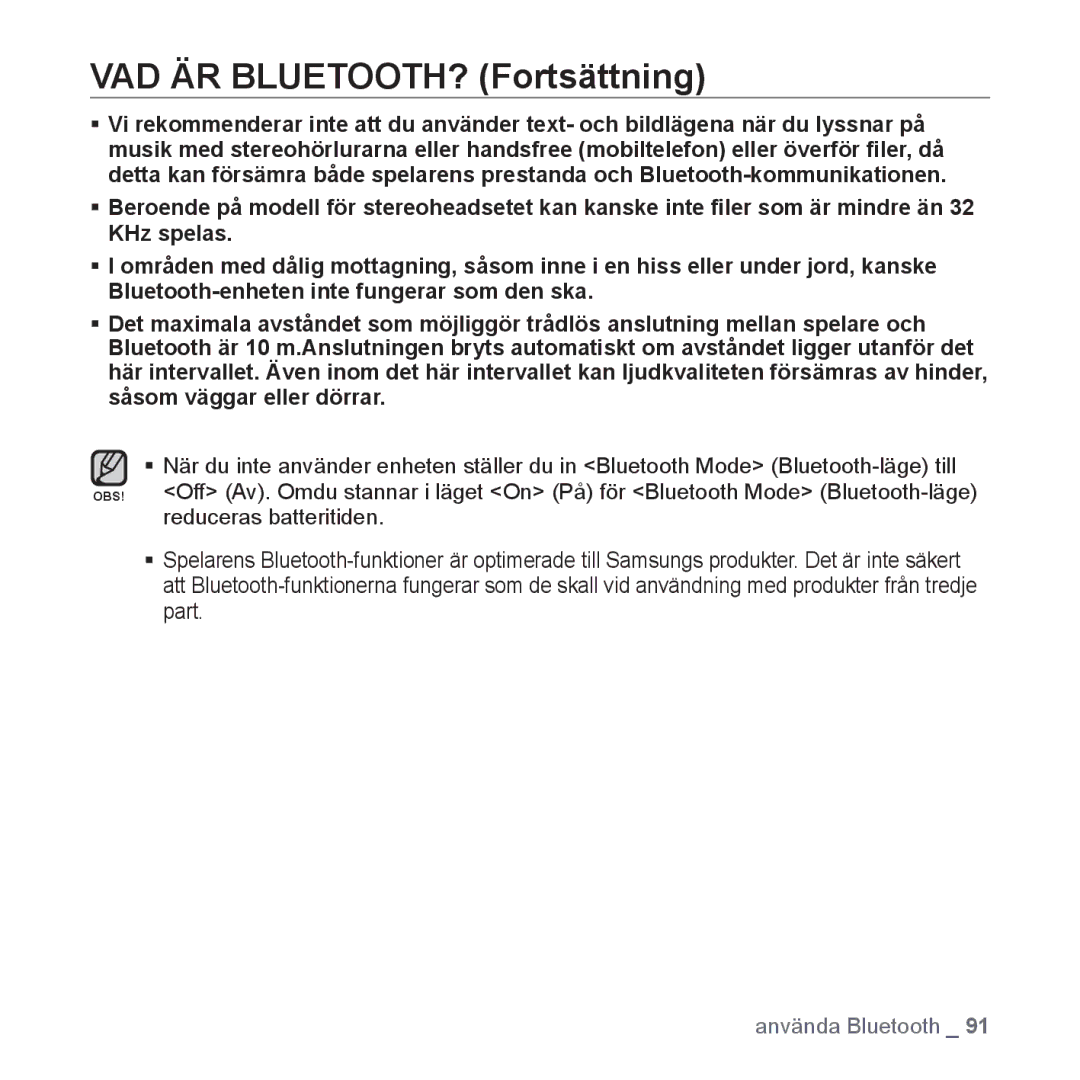 Samsung YP-S5JAB/XEE manual VAD ÄR BLUETOOTH? Fortsättning 