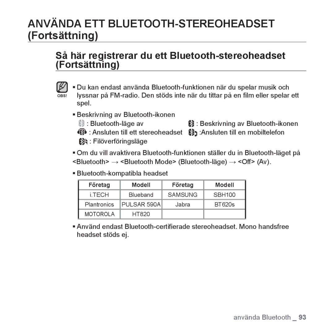 Samsung YP-S5JAB/XEE manual Använda ETT BLUETOOTH-STEREOHEADSET Fortsättning 