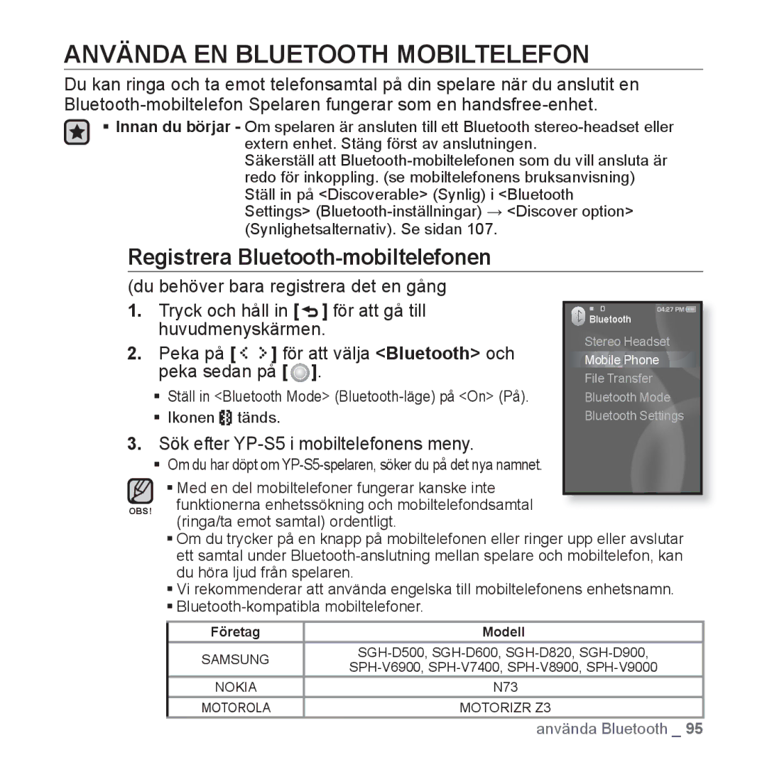 Samsung YP-S5JAB/XEE manual Använda EN Bluetooth Mobiltelefon, Tryck och håll För att gå till, Huvudmenyskärmen 