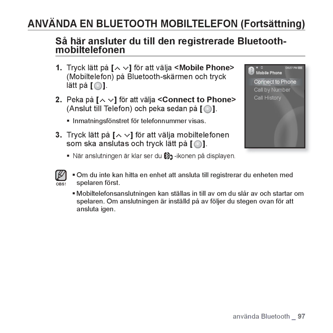 Samsung YP-S5JAB/XEE manual ƒ Inmatningsfönstret för telefonnummer visas 