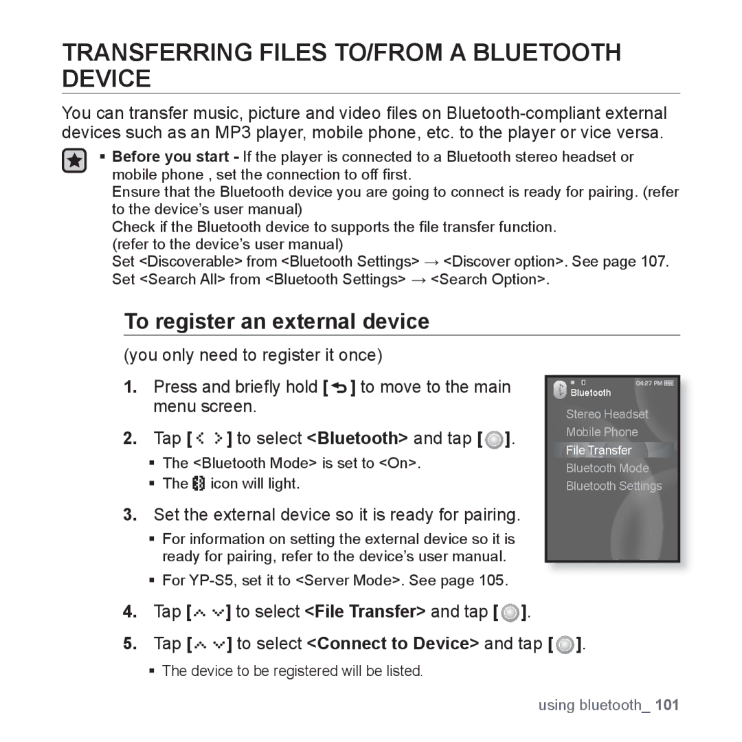 Samsung YP-S5JCB/XEO, YP-S5JAB/XEF manual Transferring Files TO/FROM a Bluetooth Device, To register an external device 