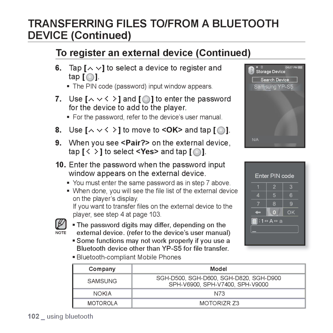 Samsung YP-S5JCB/XET manual Transferring Files TO/FROM a Bluetooth Device, Tap to select a device to register and tap 