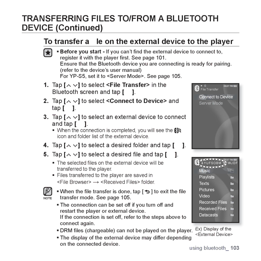 Samsung YP-S5JAB/XET, YP-S5JAB/XEF, YP-S5JQB/XEF, YP-S5JCW/XEF manual To transfer a ﬁle on the external device to the player 