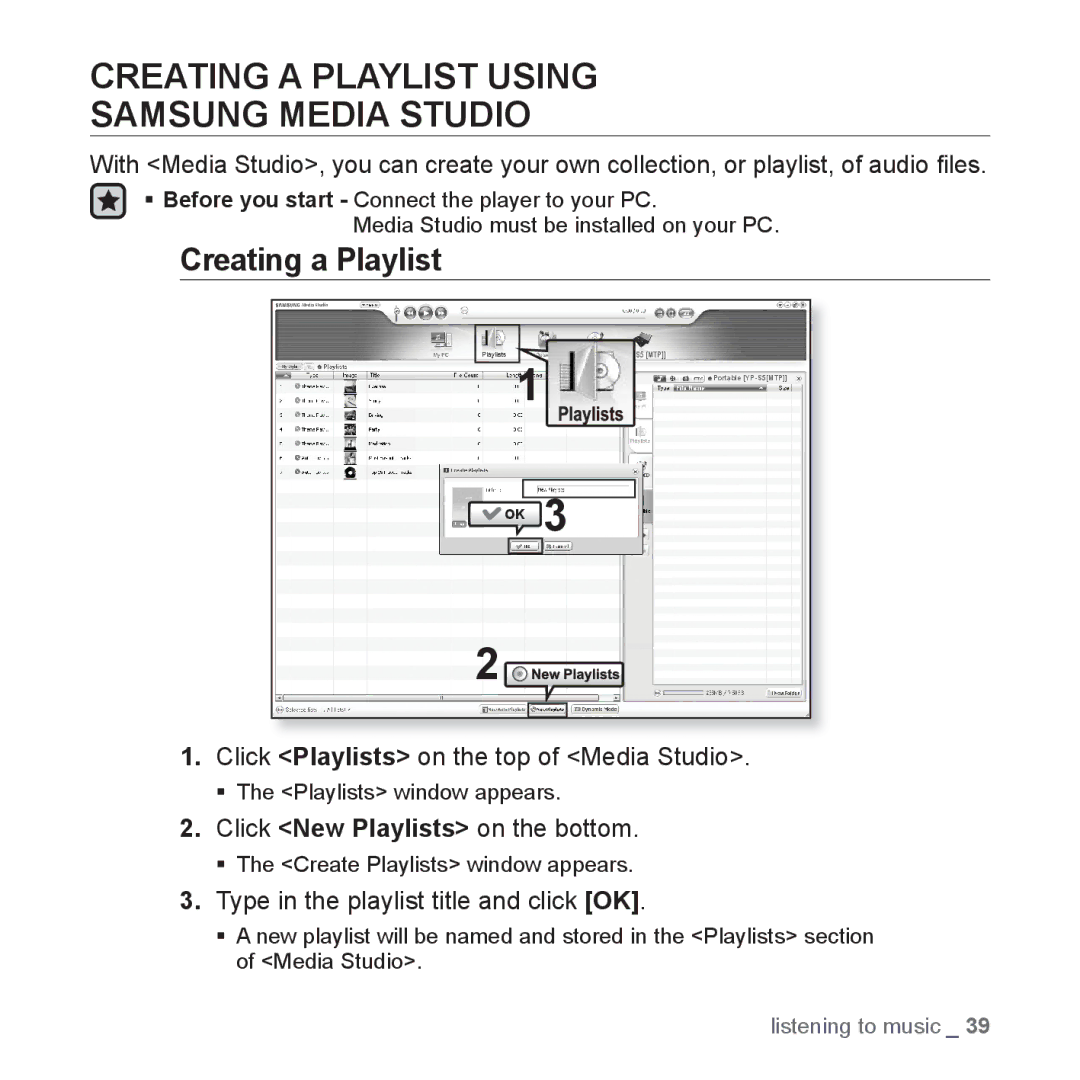 Samsung YP-S5JAW/XEO manual Creating a Playlist Using Samsung Media Studio, Click Playlists on the top of Media Studio 