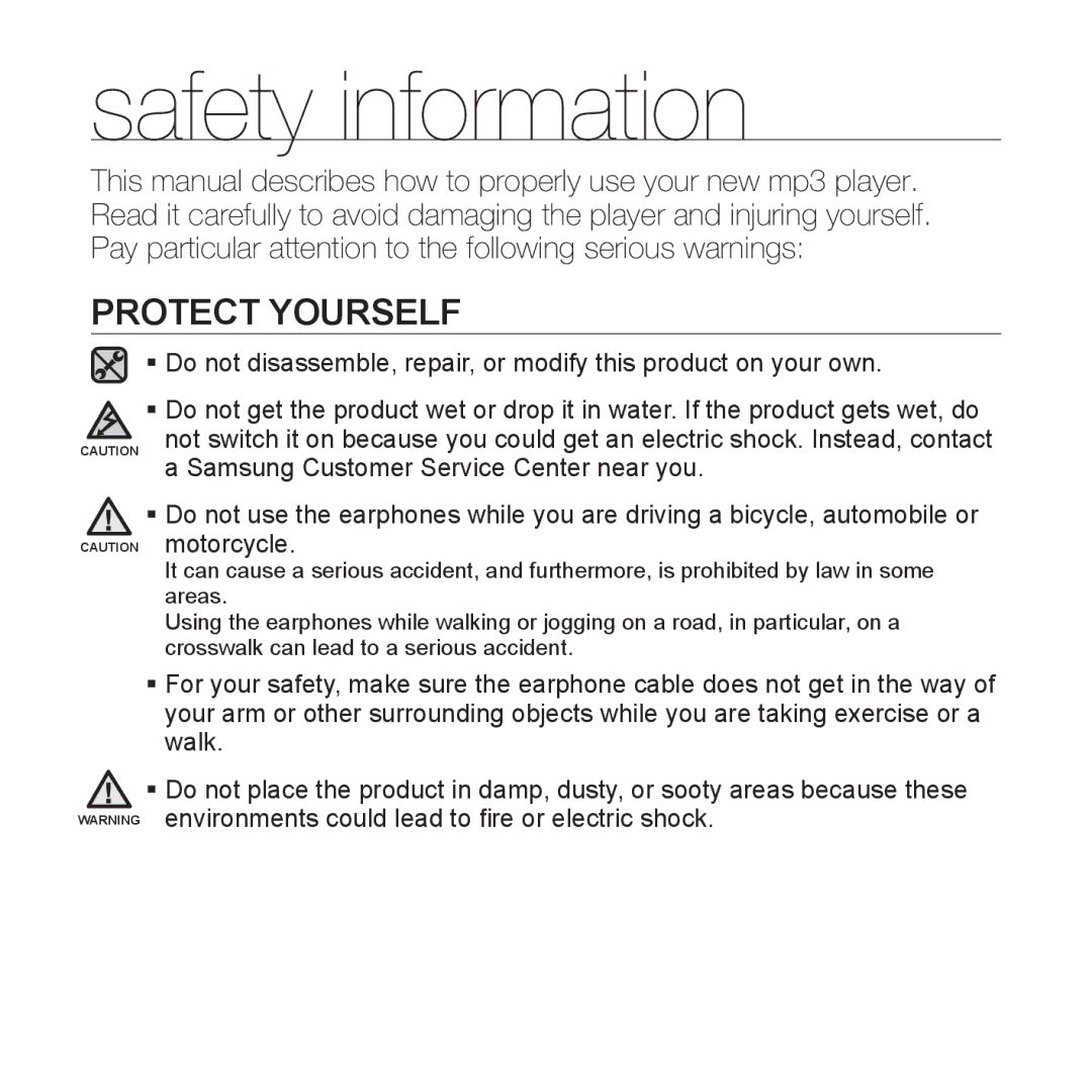 Samsung YP-S5JQW/XET, YP-S5JAB/XEF, YP-S5JQB/XEF, YP-S5JCW/XEF, YP-S5JCB/XEF, YP-S5JQB/XET, YP-S5JAW/XET manual Protect Yourself 