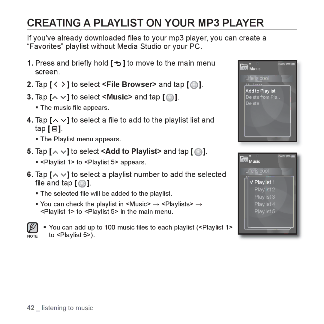 Samsung YP-S5JCB/XET manual Creating a Playlist on Your MP3 Player, Tap to select a ﬁle to add to the playlist list and tap 