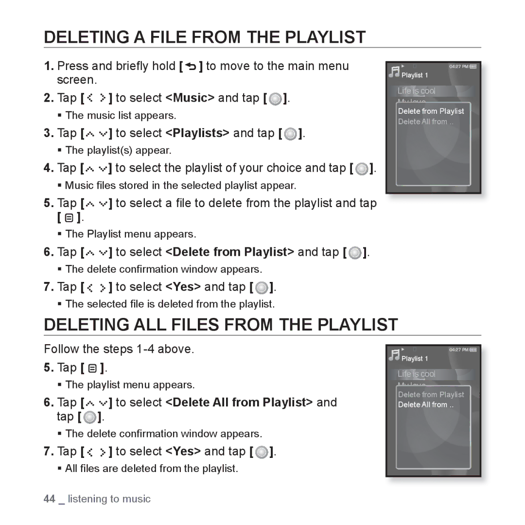 Samsung YP-S5JAB/XEE, YP-S5JAB/XEF, YP-S5JQB/XEF Deleting a File from the Playlist, Deleting ALL Files from the Playlist 