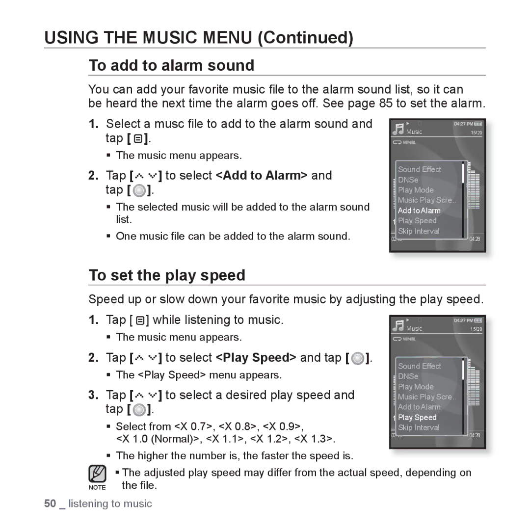 Samsung YP-S5JQB/XET, YP-S5JAB/XEF manual To add to alarm sound, To set the play speed, Tap to select Add to Alarm and tap 