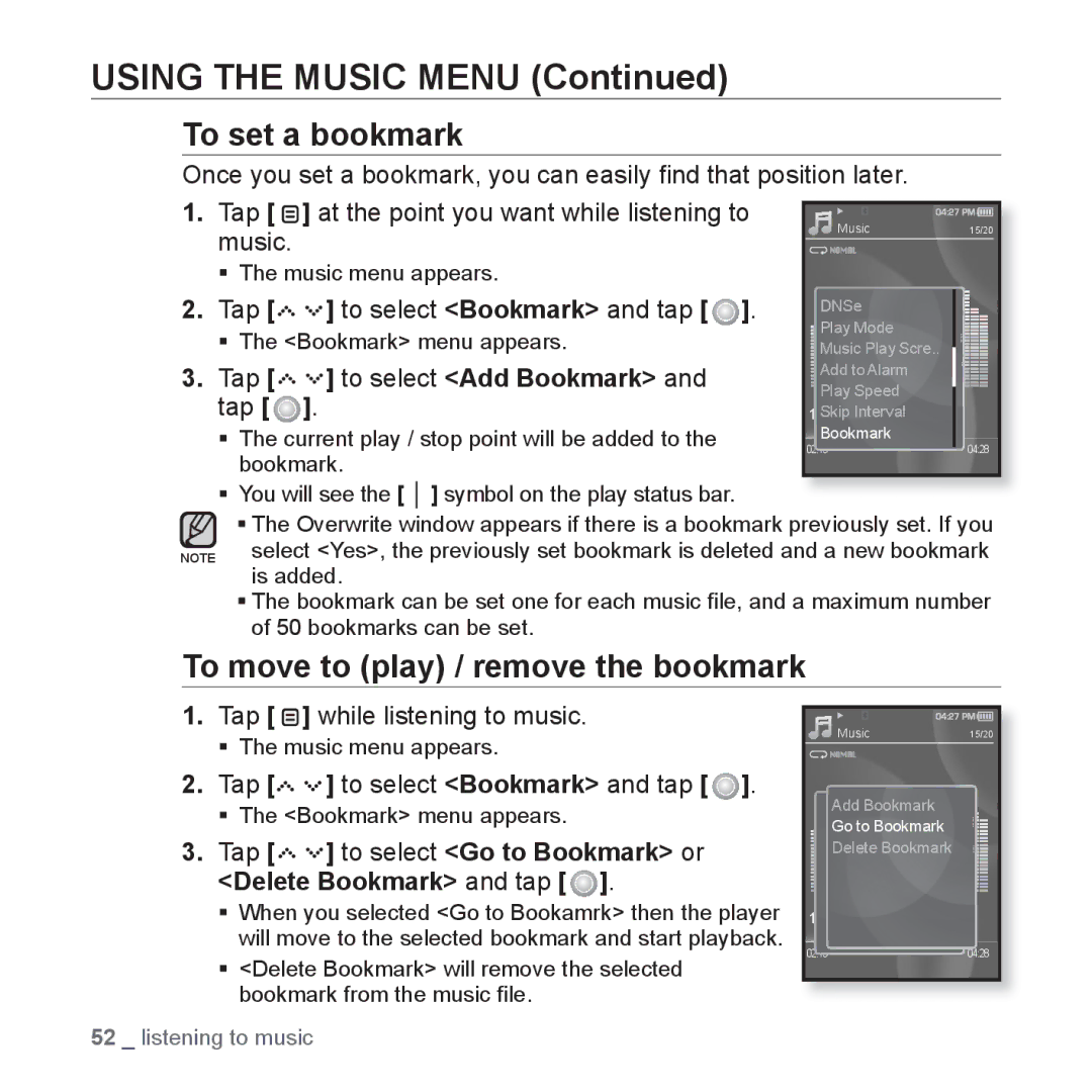 Samsung YP-S5JQW/XEO manual To set a bookmark, To move to play / remove the bookmark, Tap To select Bookmark and tap 