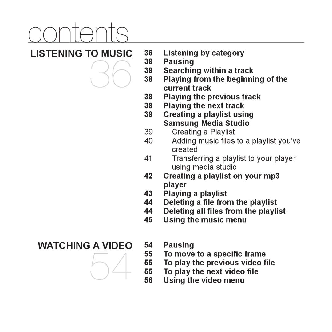 Samsung YP-S5JQW/XEO, YP-S5JAB/XEF Listening by category, Pausing, Searching within a track, To play the next video ﬁle 