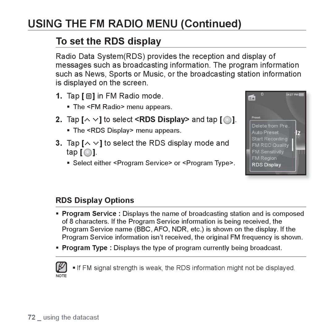 Samsung YP-S5JCB/XET To set the RDS display, Tap to select RDS Display and tap, Tap to select the RDS display mode and tap 