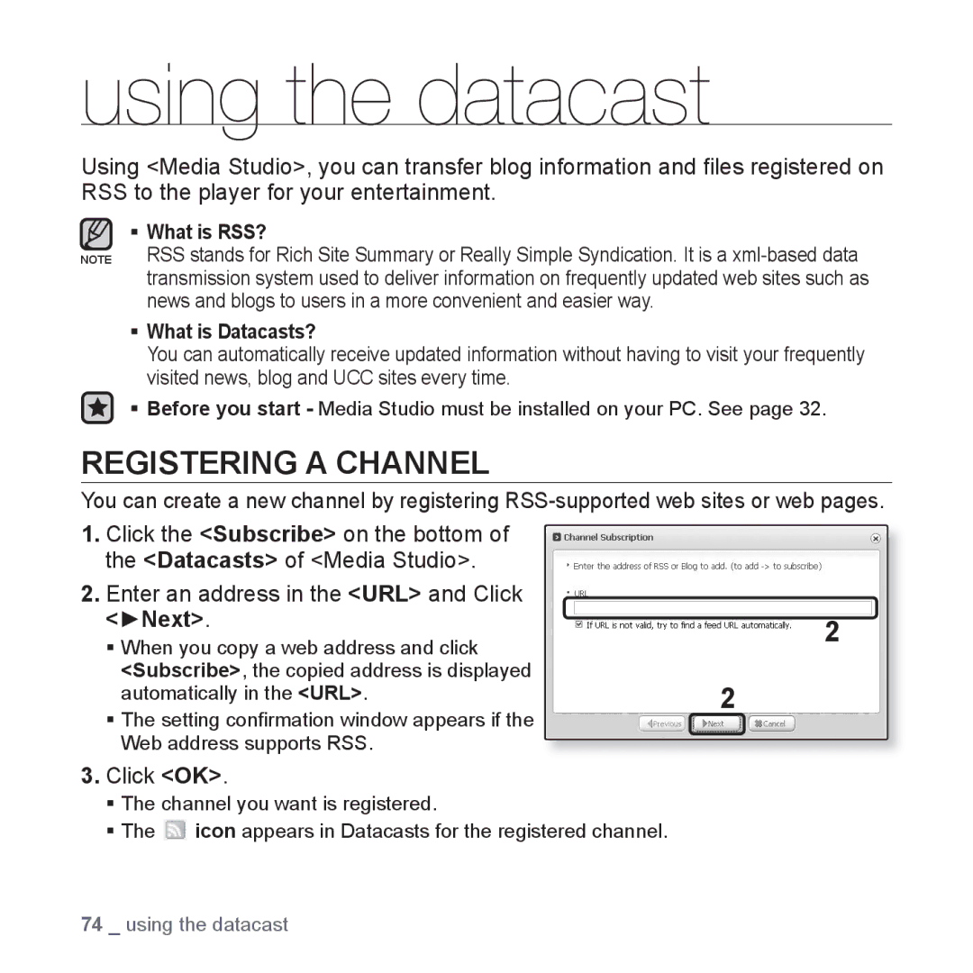 Samsung YP-S5JAB/XEE, YP-S5JAB/XEF, YP-S5JQB/XEF, YP-S5JCW/XEF Using the datacast, Registering a Channel, ŹNext, Click OK 